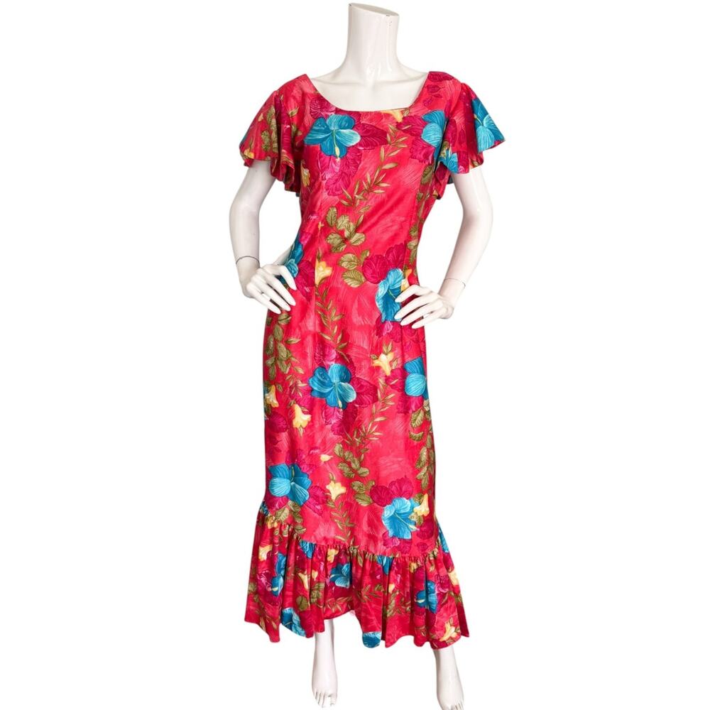 Vintage 60's South Seas Hawaiian Floral Fishtail Maxi Dress Tiki Polynesian S/M